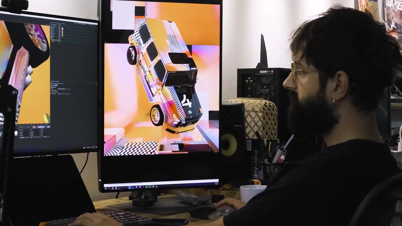 A digital artist developing a colourful G-Class artwork in the studio